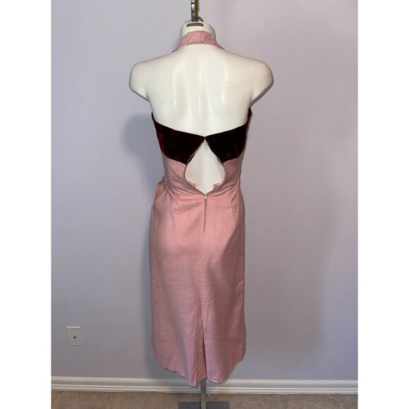 Vtg 60s Hannah Troy Pink Linen Wiggle Dress Maroon Detail Halter Pinup Small - Picture 6 of 8